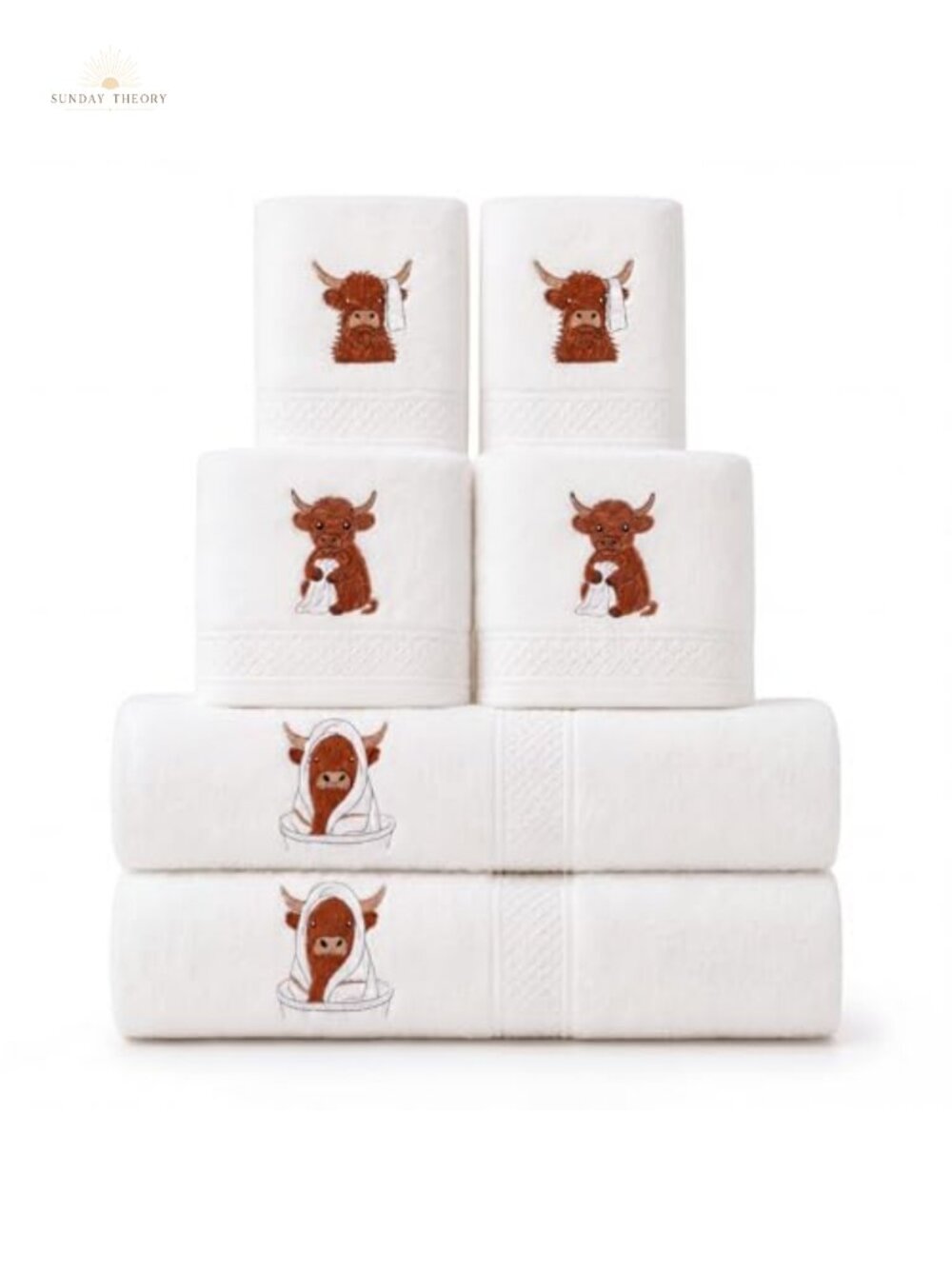 100% Cotton Bath Towel Set with Highland Cow Embroidery, 6 Piece